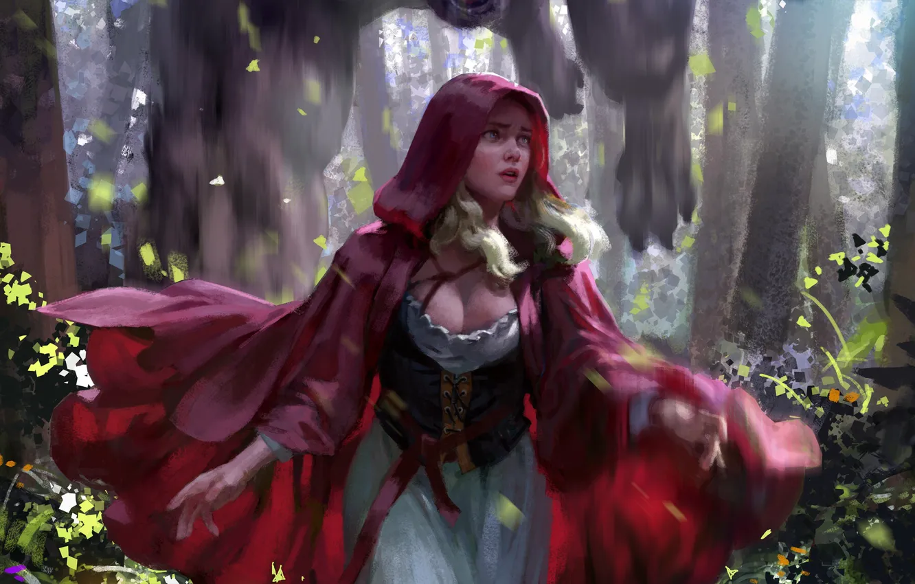 Photo wallpaper hopelessness, little red riding hood, claws, horror, monster, Red Riding Hood, grey wolf, by Hanho …