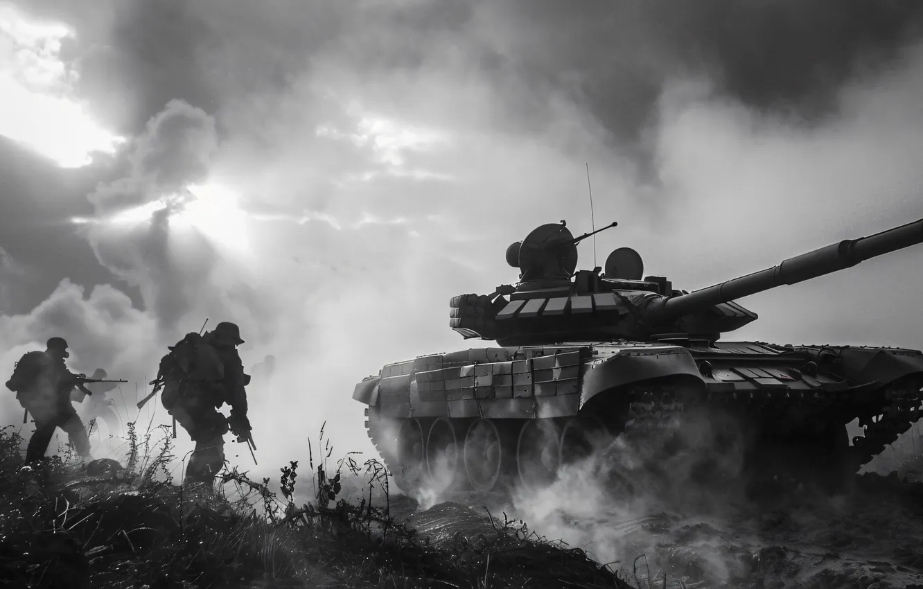 Photo wallpaper Soldiers, Tank, Digital art, Black and white, AI art, The Art of Artificial Intelligence, Neural …