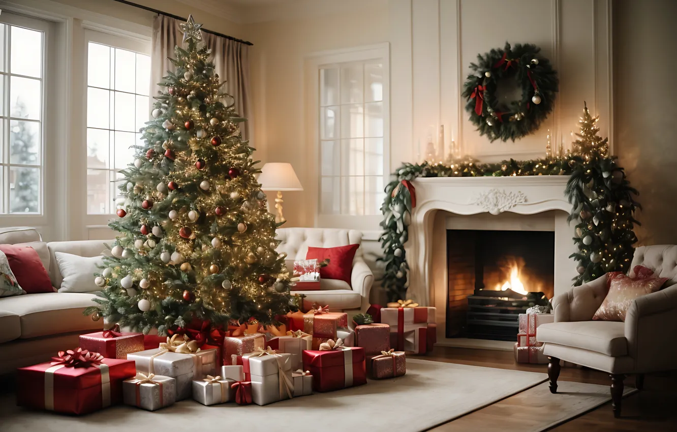 Photo wallpaper decoration, room, gift, balls, tree, new year, interior, Christmas