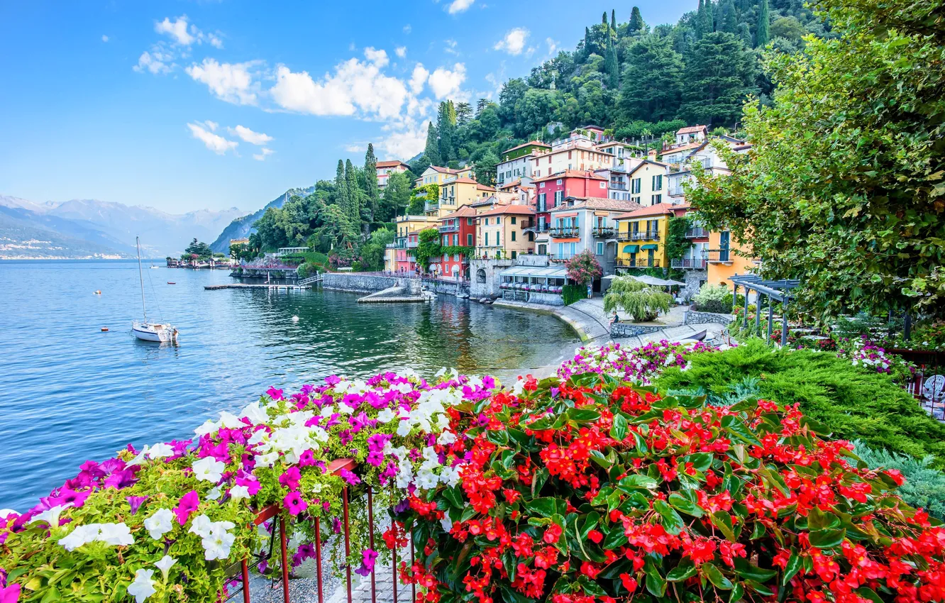Photo wallpaper flowers, lake, building, home, yacht, Italy, promenade, Italy
