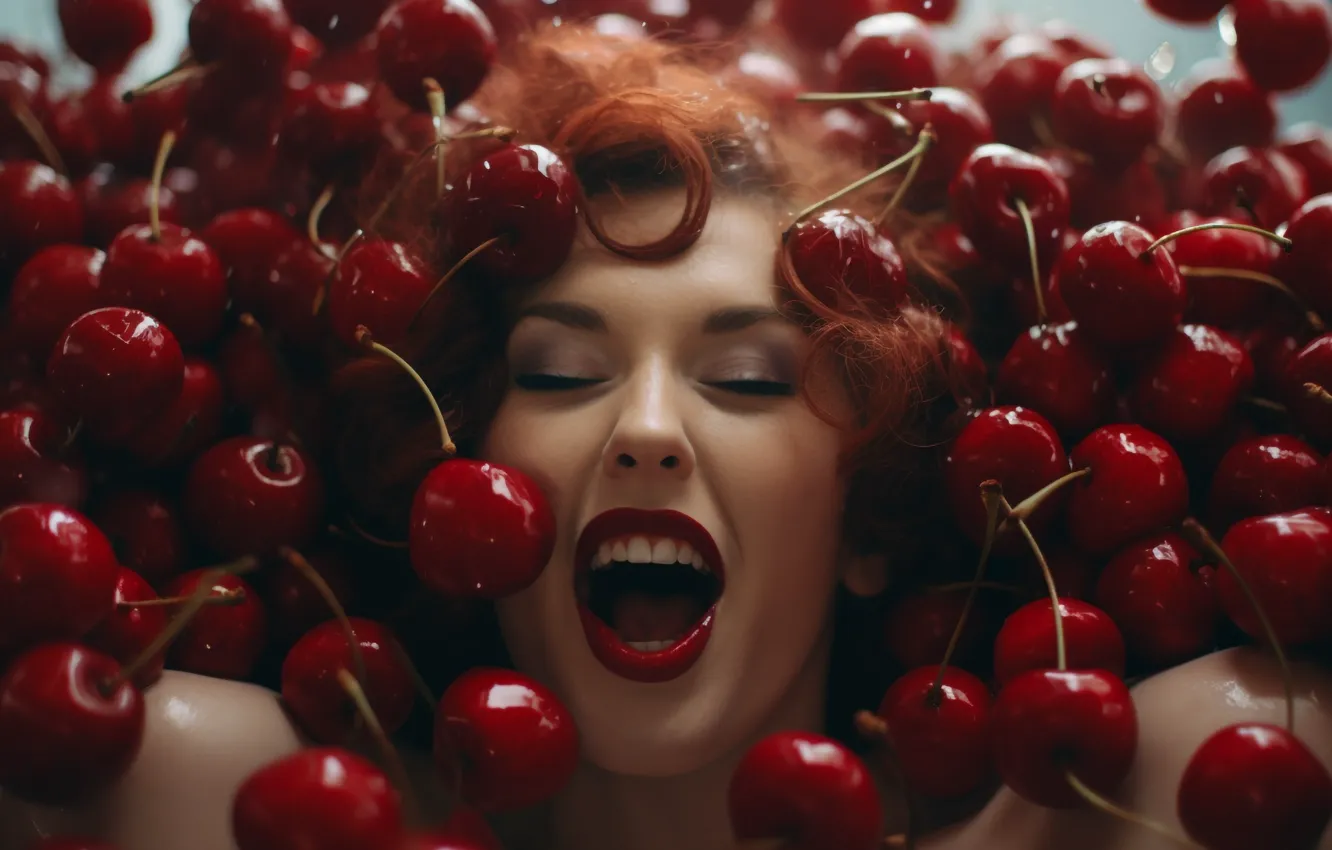 Photo wallpaper girl, face, cherry, berries, makeup, red, open mouth, Creek