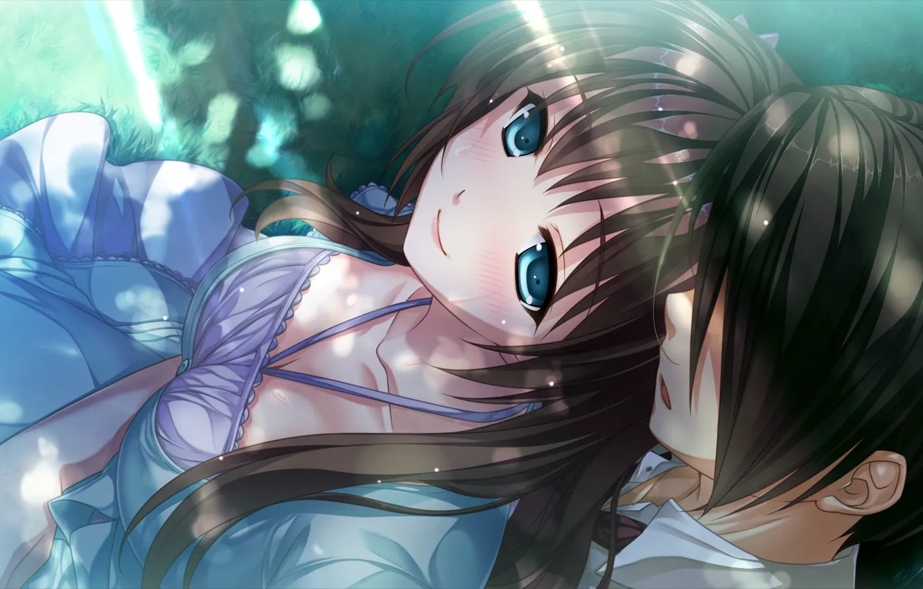 Photo wallpaper summer, grass, rays, shadow, two, date, art, tsukumo no chickens