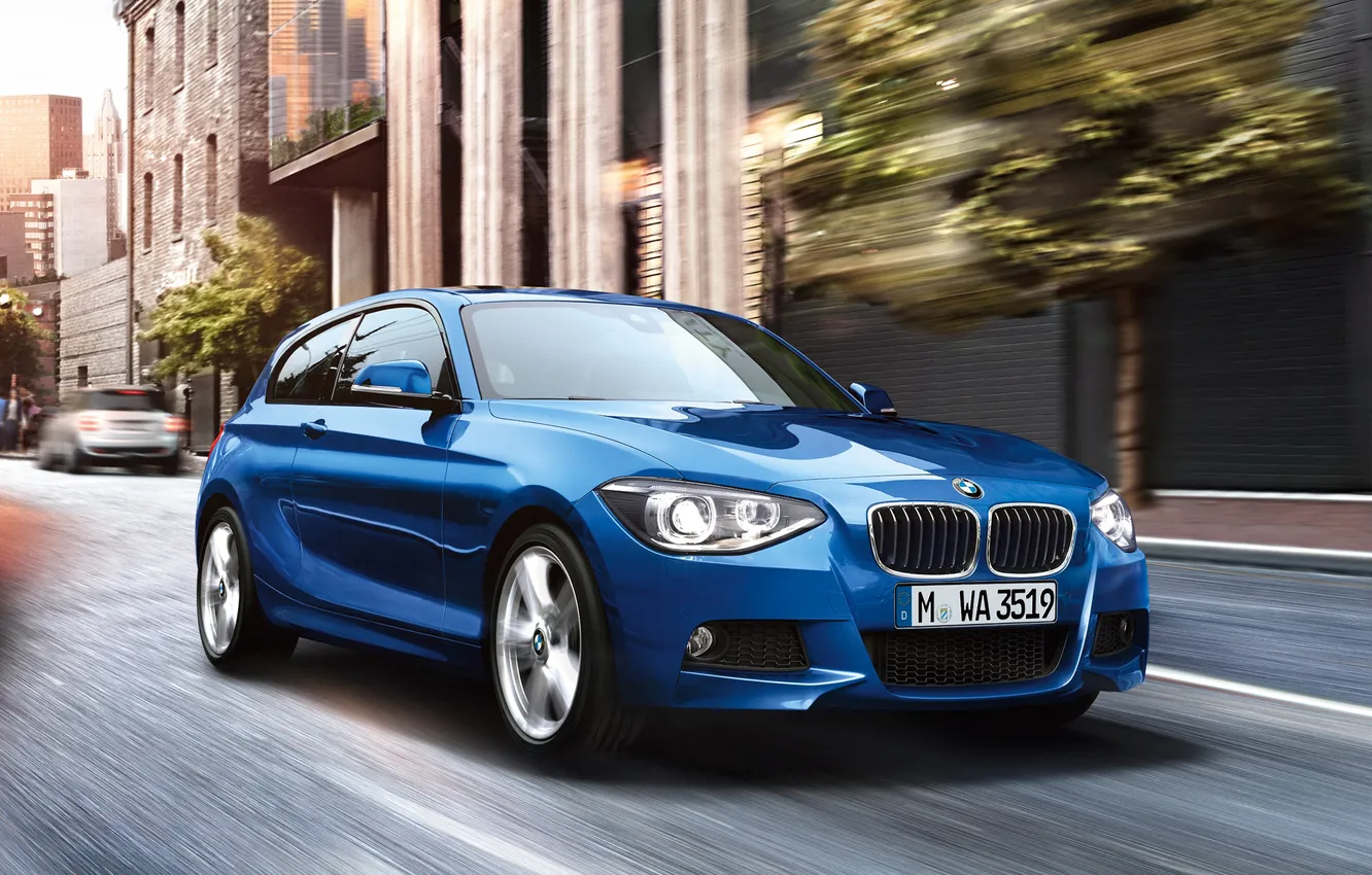 Photo wallpaper car, BMW, blue, street, speed, 1 Series, Sports Package, 3-door