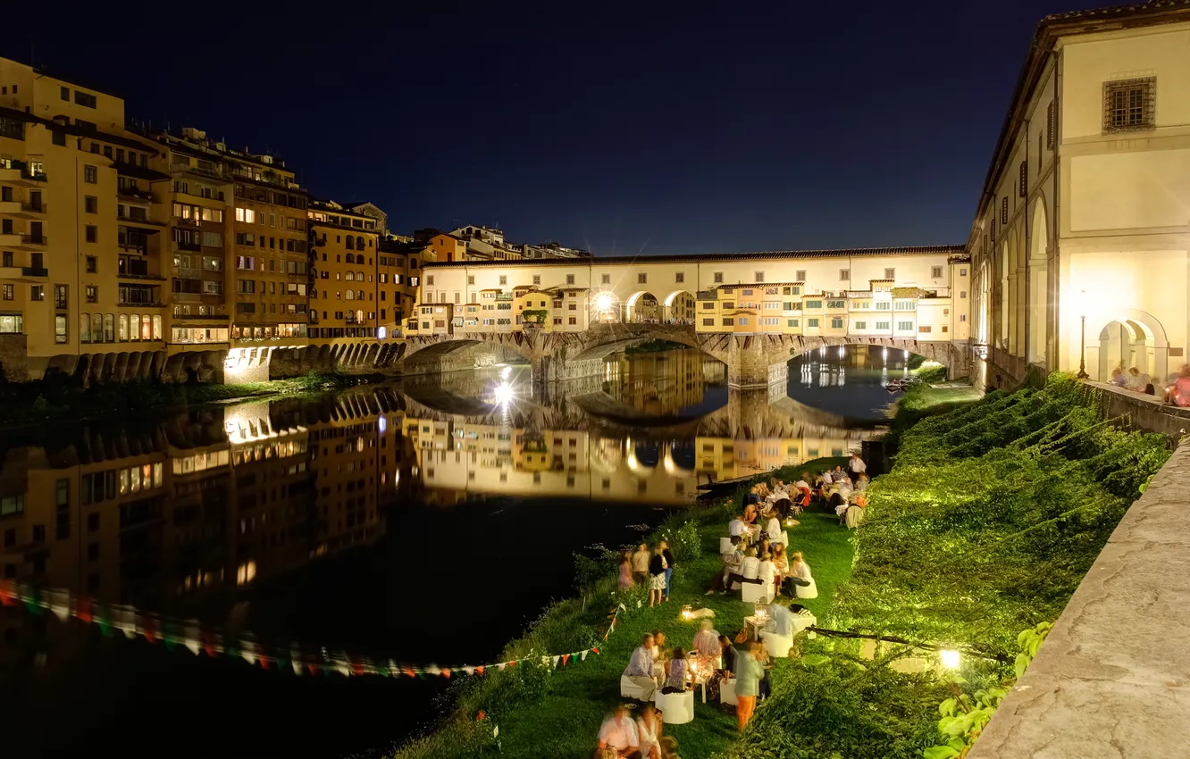 Photo wallpaper landscape, night, bridge, nature, the city, river, Italy, Florence