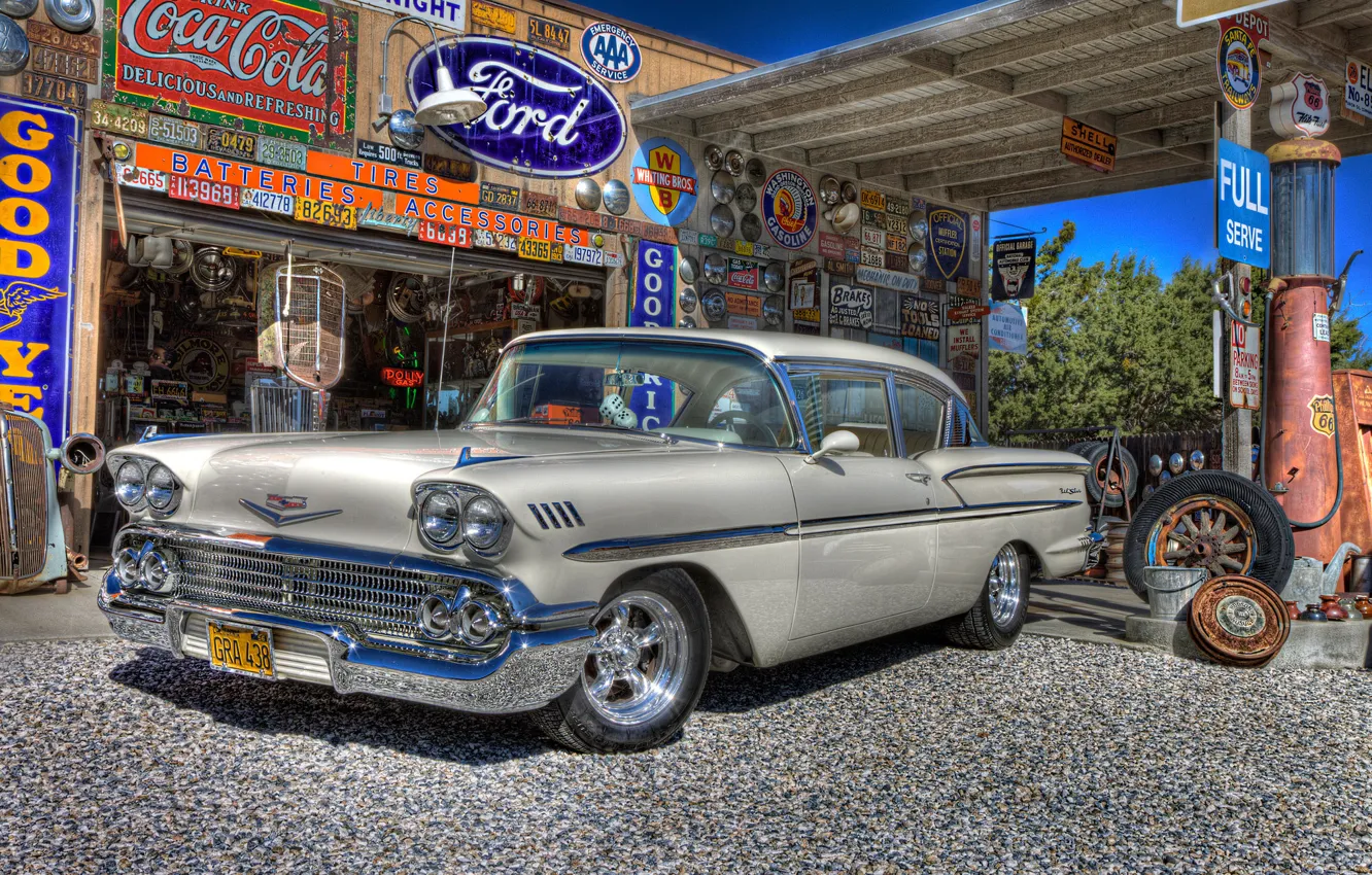 Photo wallpaper retro, dressing, Chevrolet, car, classic, Chevy, gas station, 1958