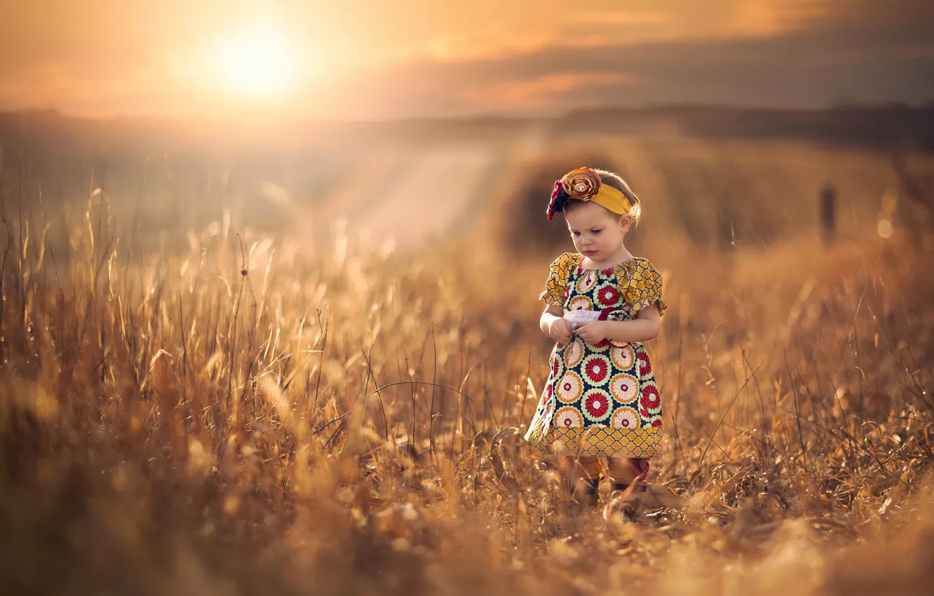 Photo wallpaper field, the sun, dal, dress, space, girl, bokeh
