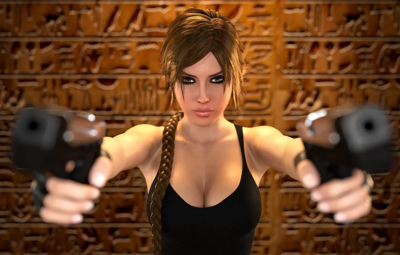 Photo wallpaper chest, look, girl, gun, hair, braid, Tomb Raider, Lara Croft