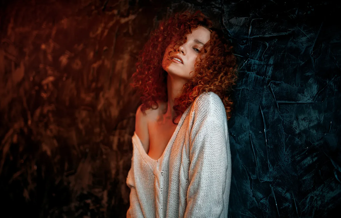 Photo wallpaper girl, model, redhead, sweater, curly hair, white sweater, Dmitry Noer