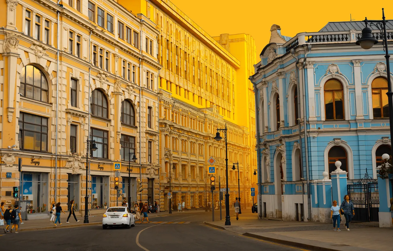 Photo wallpaper the city, people, street, home, morning, Moscow
