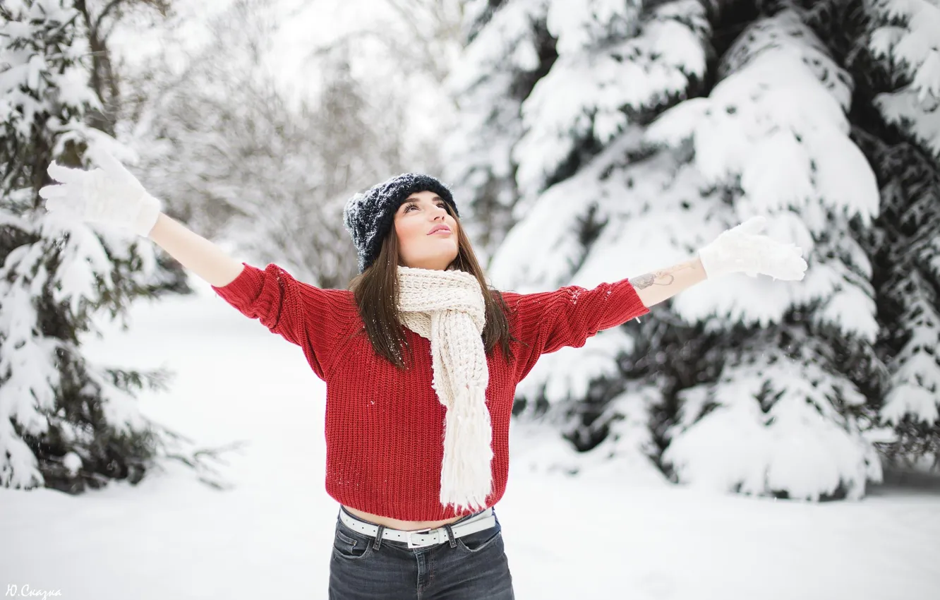 Photo wallpaper winter, look, girl, snow, trees, pose, hat, hands