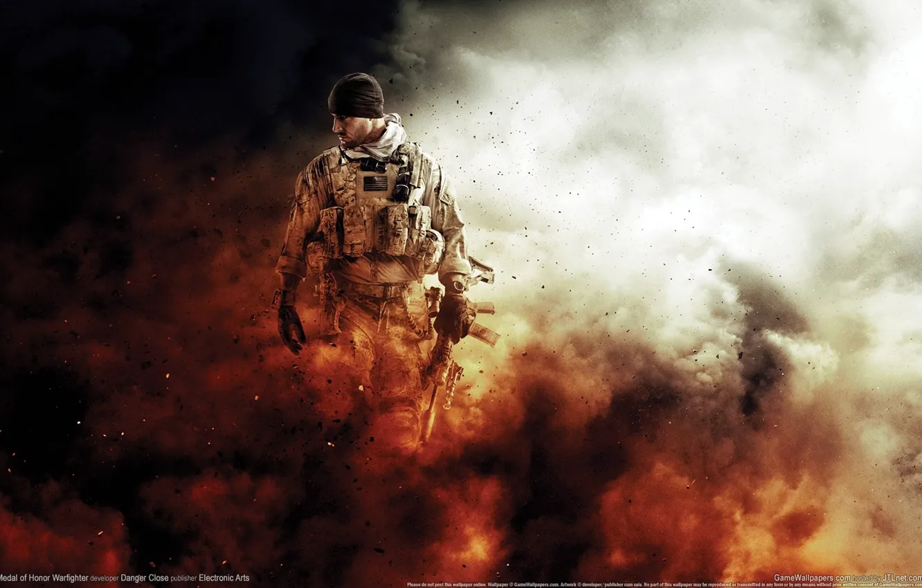 Photo wallpaper weapons, dust, soldiers, machine, bandana, the vest, Medal of Honor: Warfighter