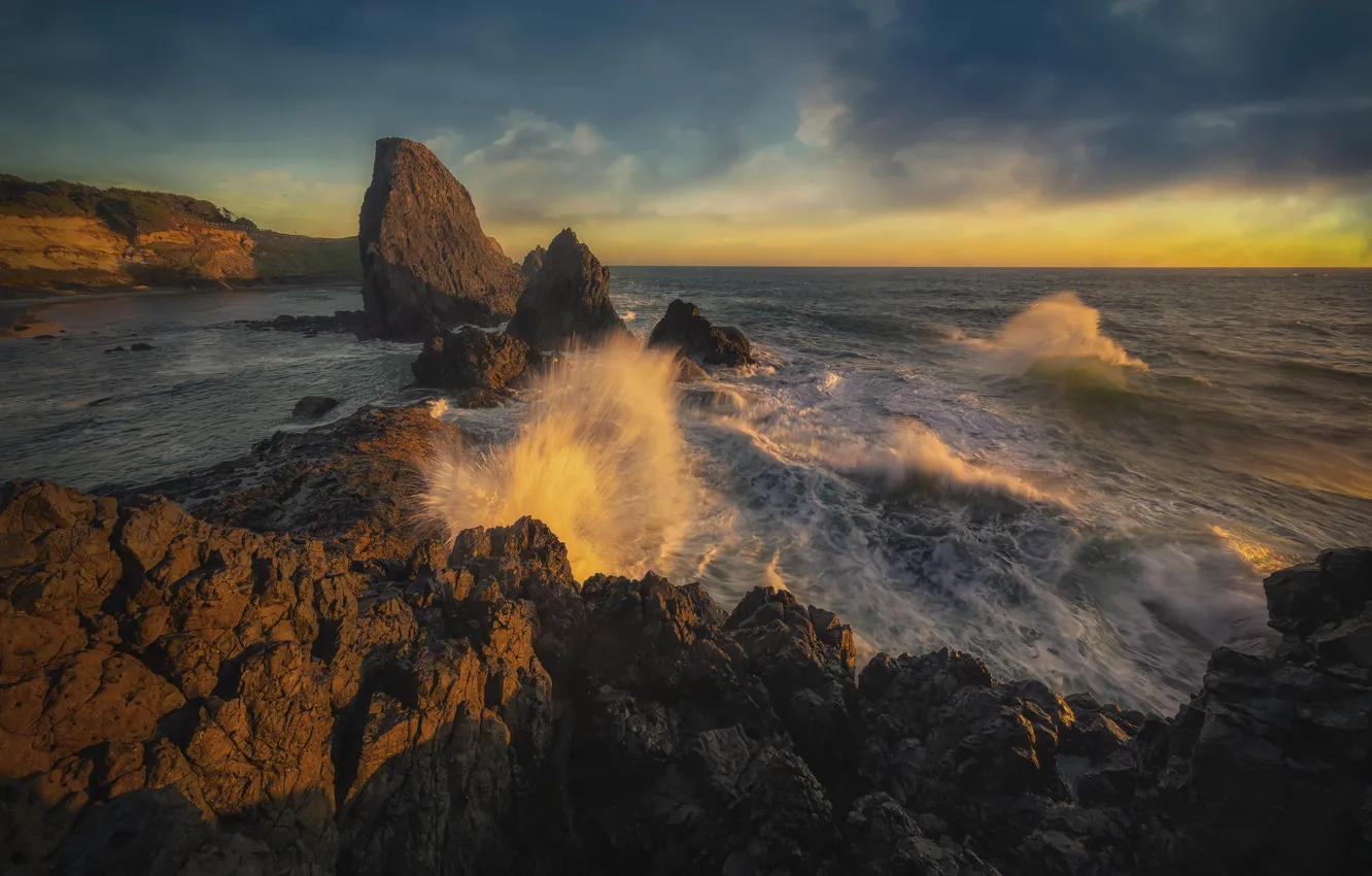 Photo wallpaper sea, wave, the sky, clouds, light, squirt, stones, rocks
