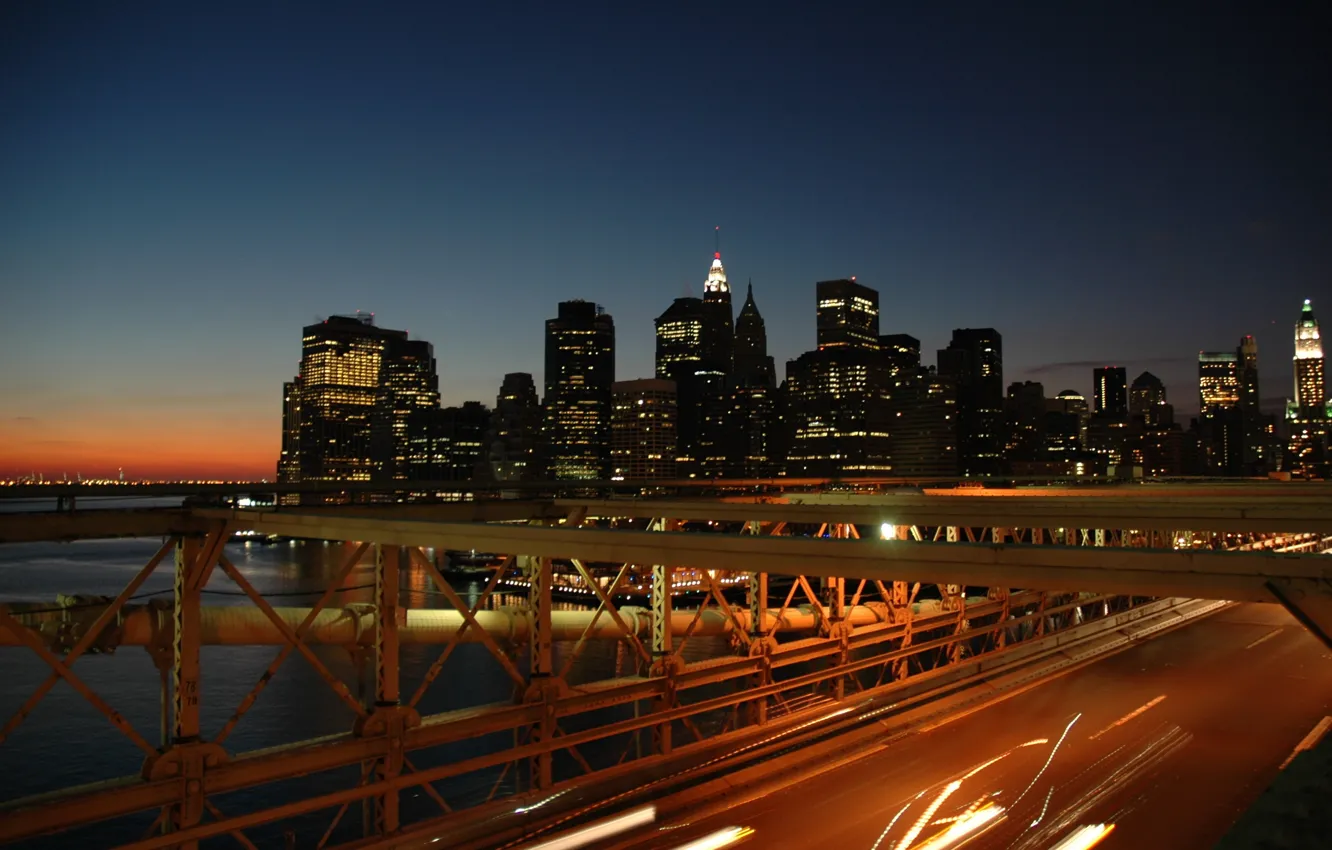 Photo wallpaper lights, bridge, night, New York, Brooklyn Bridge, Skylines