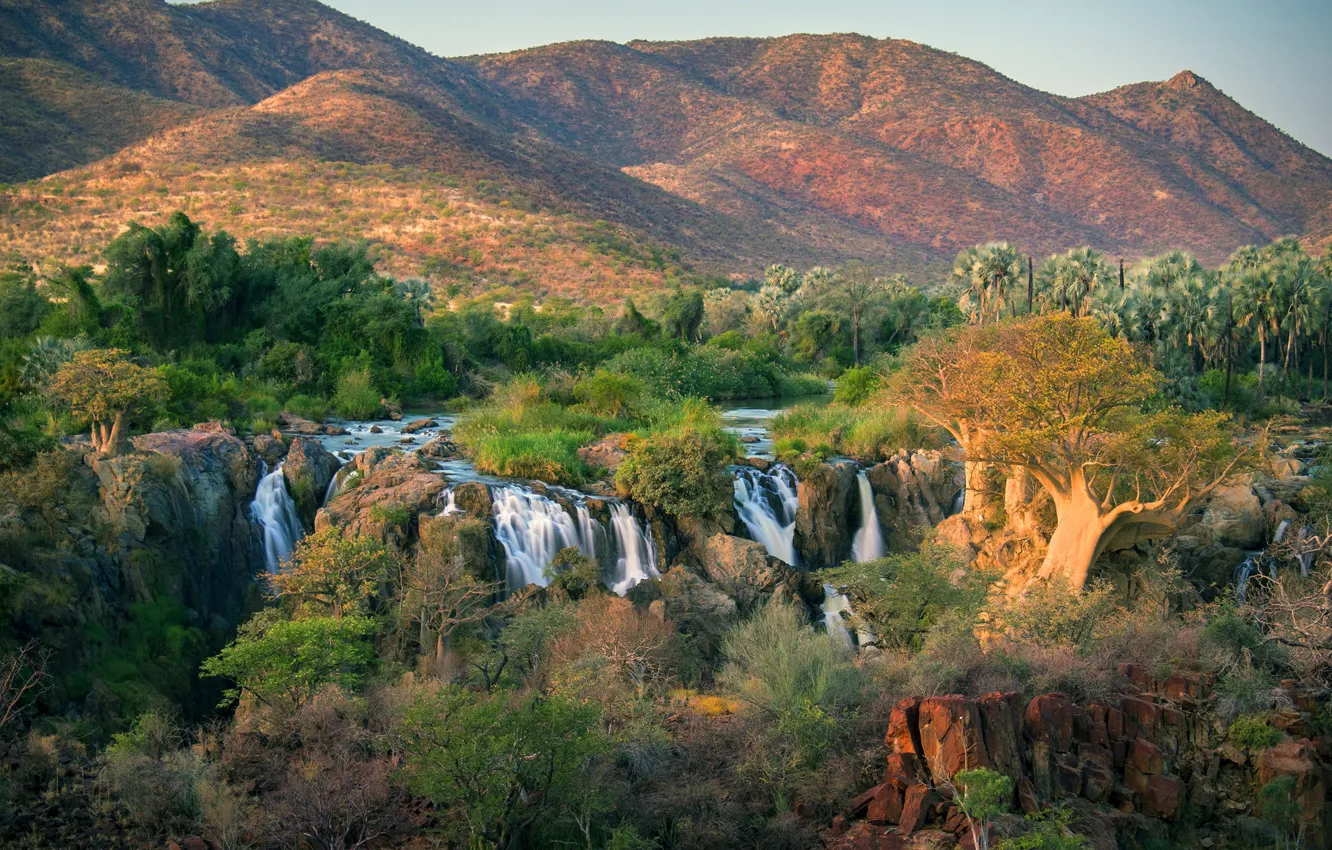 Photo wallpaper trees, mountains, river, stones, waterfall, the bushes, Angola, Oncocua