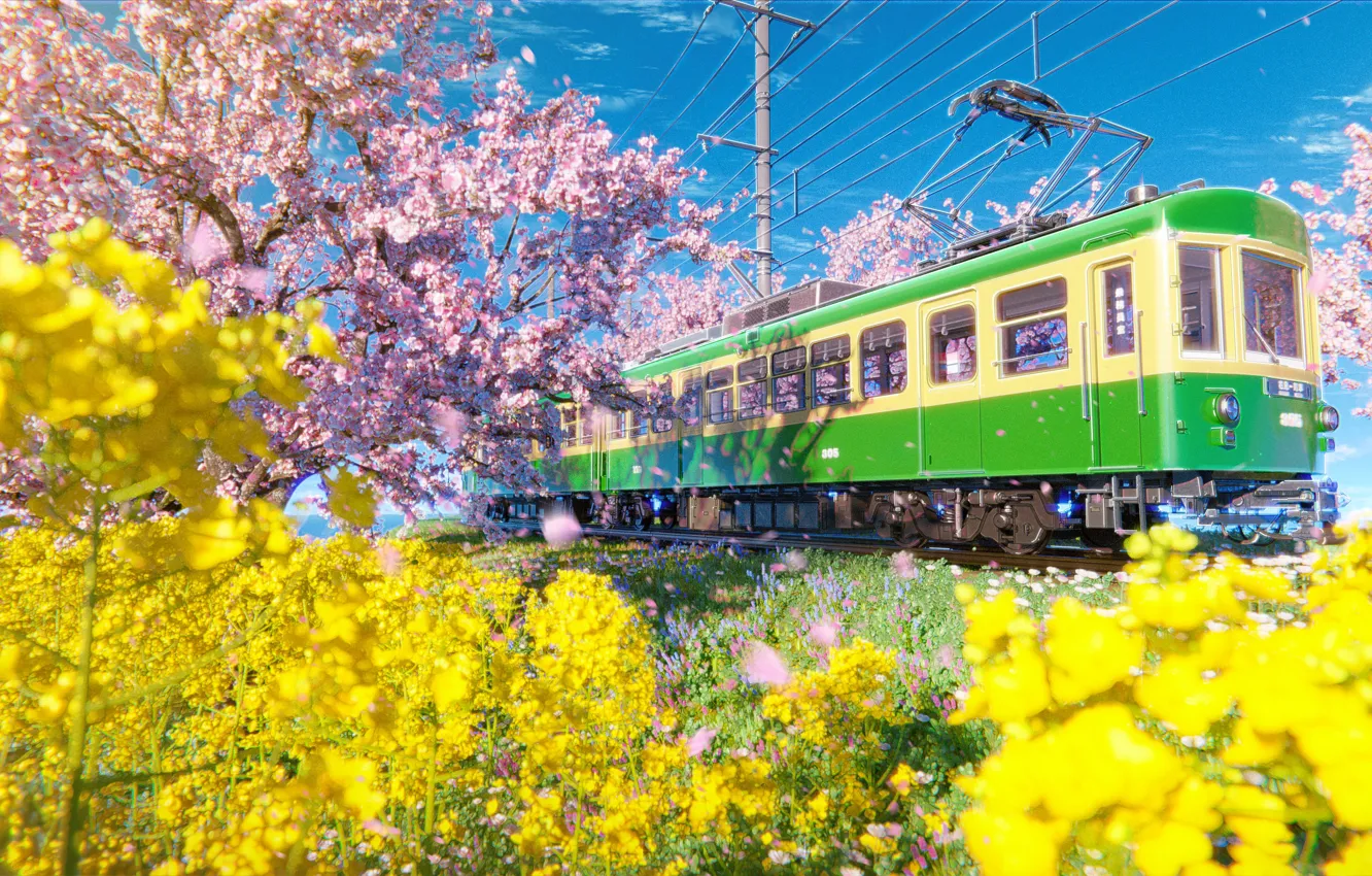 Photo wallpaper train, spring, flowering