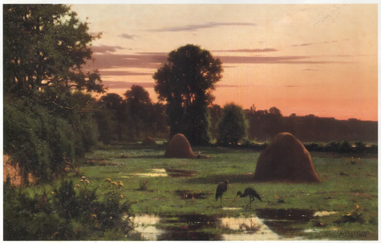 Photo wallpaper trees, nature, meadow, Heron, haystacks