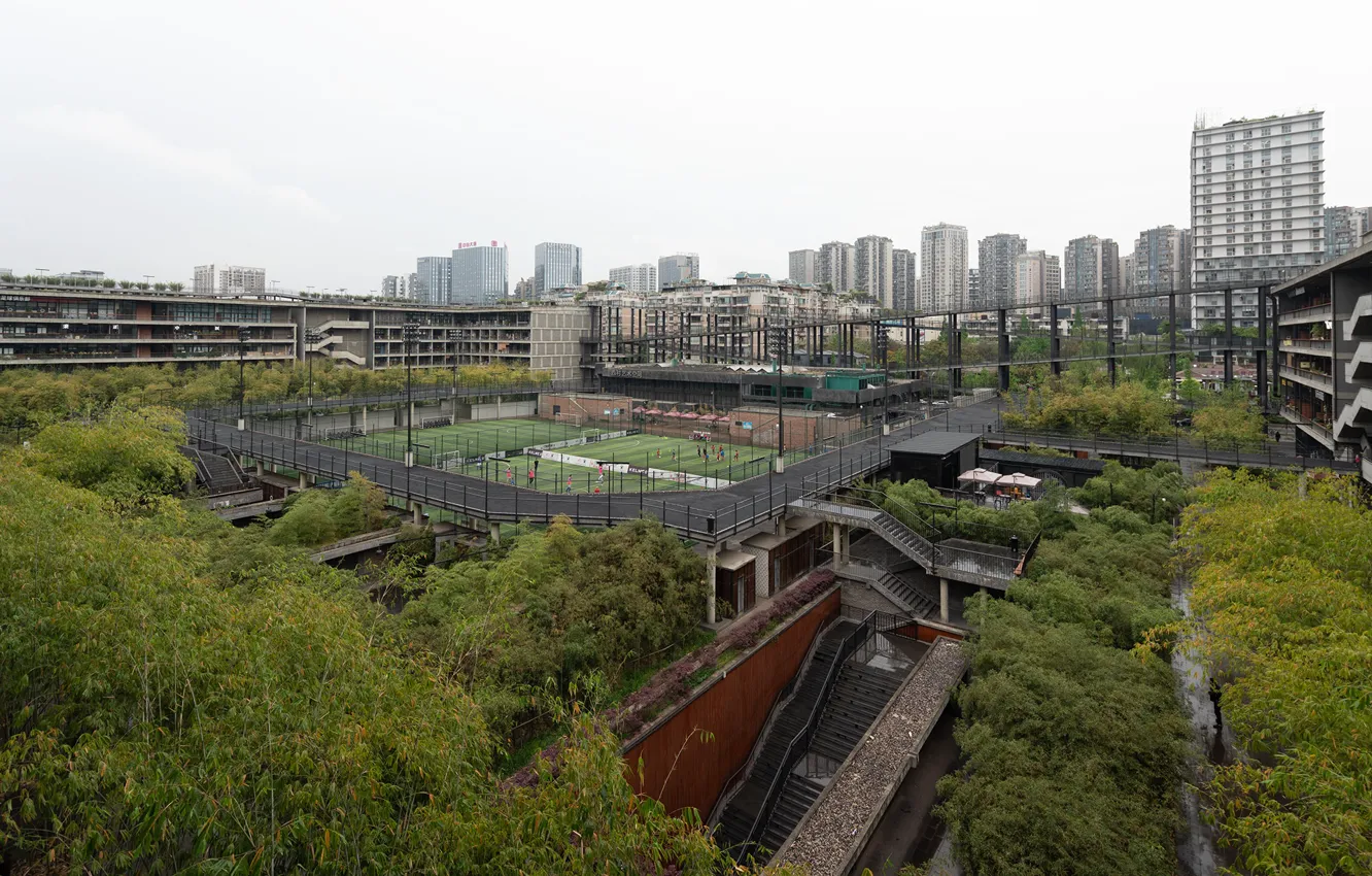 Photo wallpaper trees, building, stage, Playground, West Village Basis Yard - Chengdu