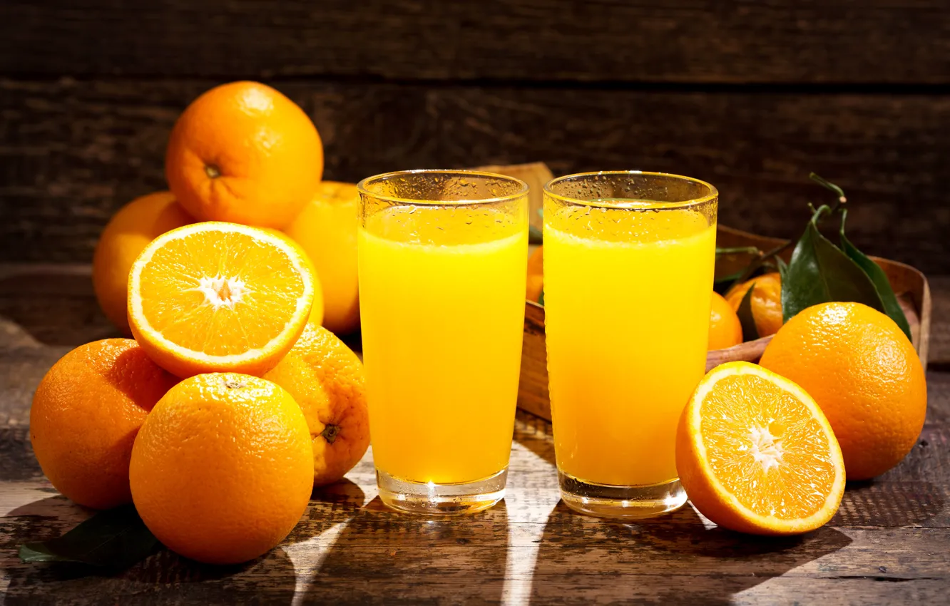 Photo wallpaper oranges, juice, glasses, fruit, orange, citrus