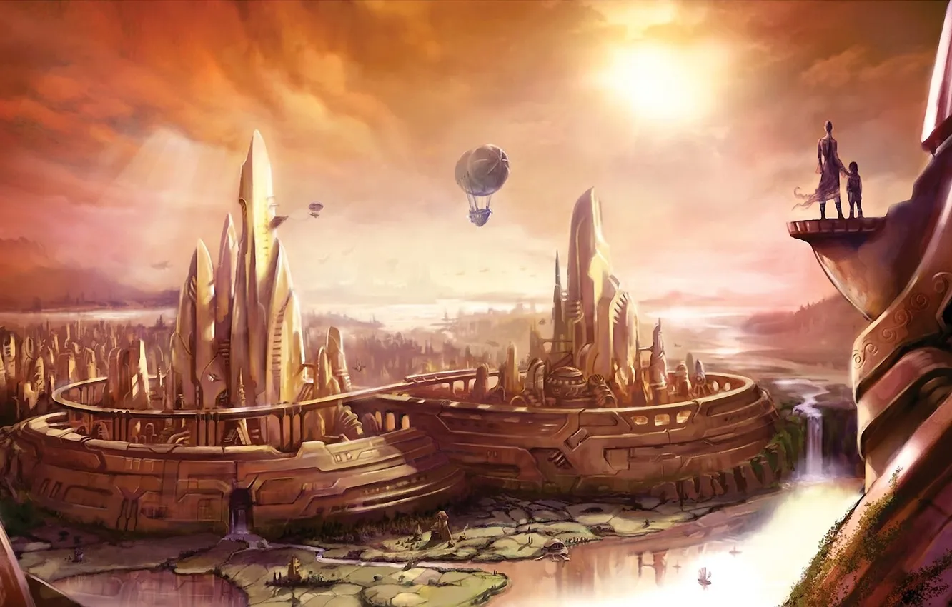 Photo wallpaper landscape, the city, river, people, waterfall, art, the airship, fantasy world
