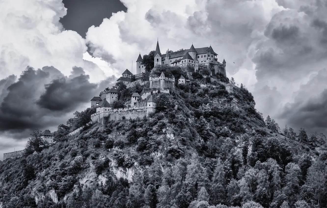 Photo wallpaper the sky, clouds, trees, rocks, Austria, Carinthia, Sankt Georgen, Hochosterwitz castle