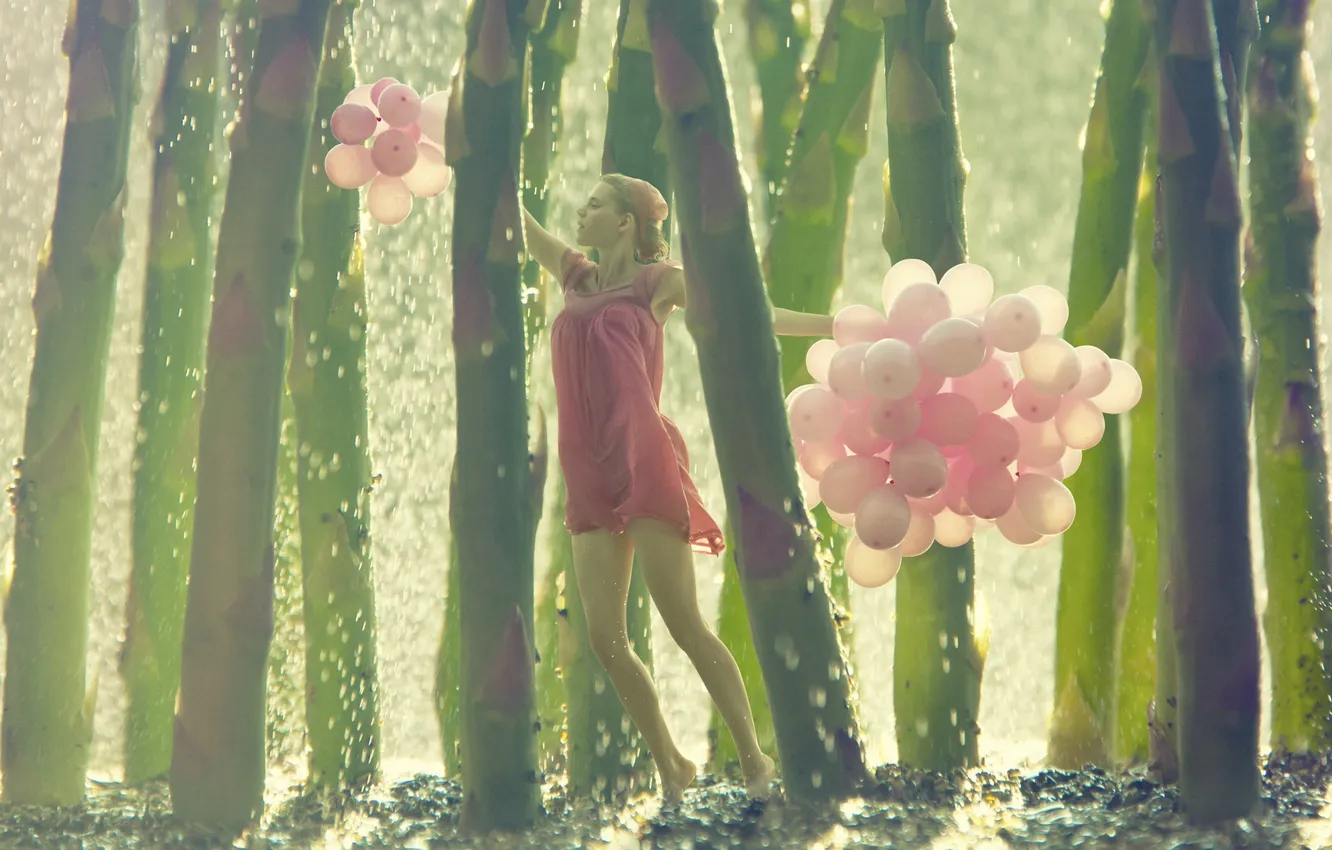 Photo wallpaper girl, drops, balloons, creative, stems, dress