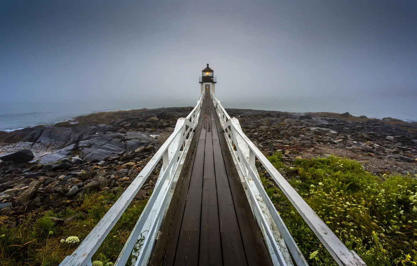 Photo wallpaper beach, coast, fog, Marshall Point Lighthouse