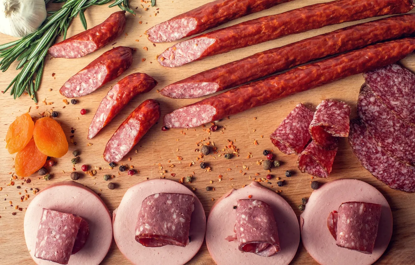 Photo wallpaper meat, sausage, spices, dried apricots