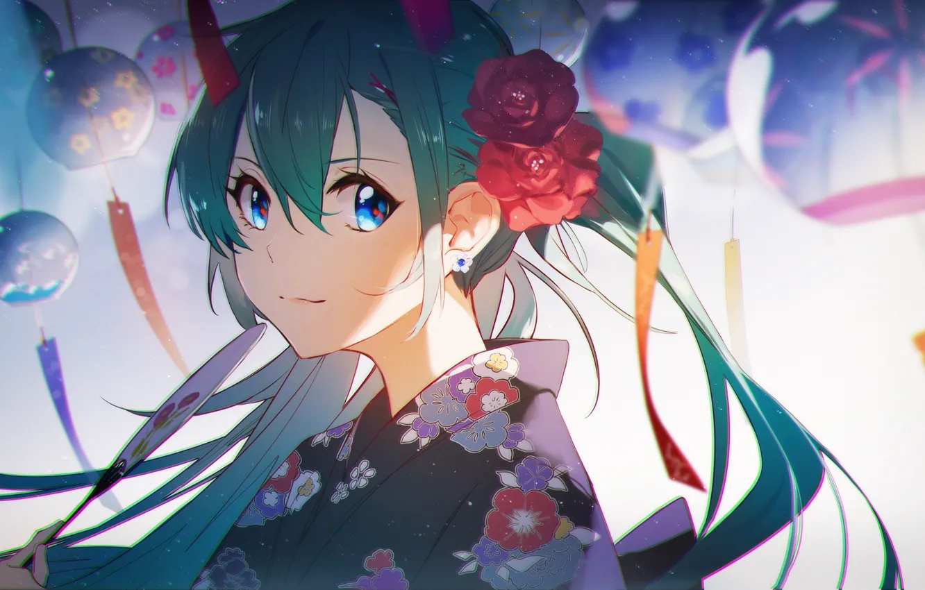 Photo wallpaper girl, flowers, kimono, bells, Hatsune Miku, Vocaloid, horns