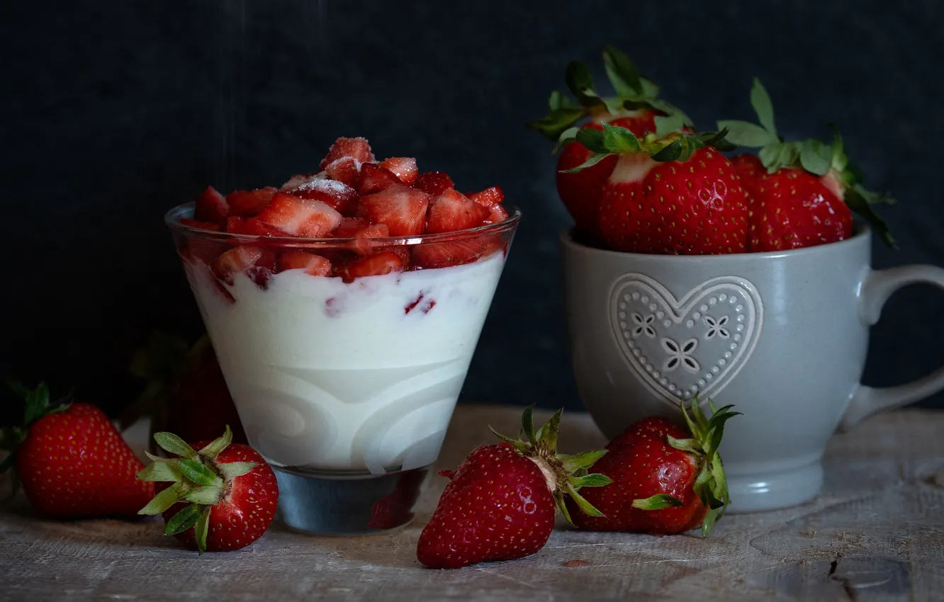 Photo wallpaper berries, table, food, strawberry, mug, sugar, still life, dessert