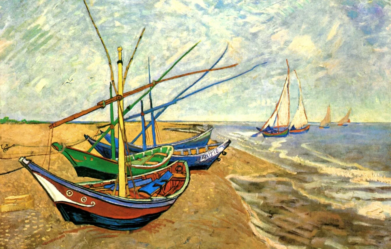Photo wallpaper brick, boats, pier, sails, Vincent van Gogh, Fishing Boats, at Saintes-Maries, the shore