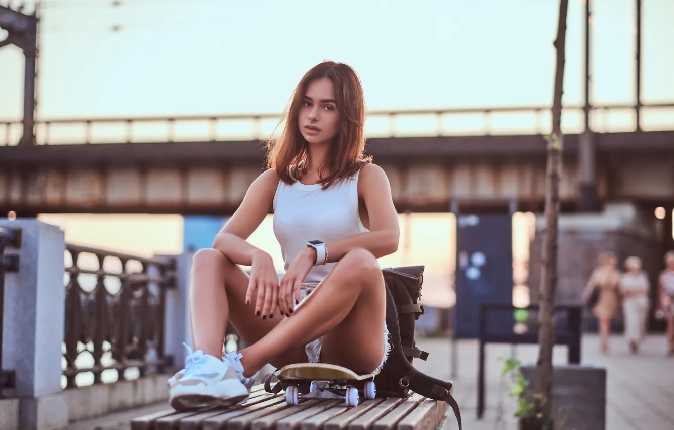 Photo wallpaper girl, shorts, young, beautiful, model, jeans, cute, posing