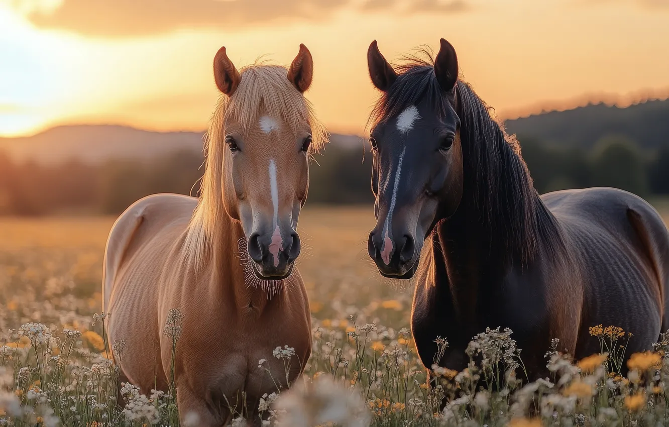 Photo wallpaper field, look, face, flowers, nature, pose, horse, horse