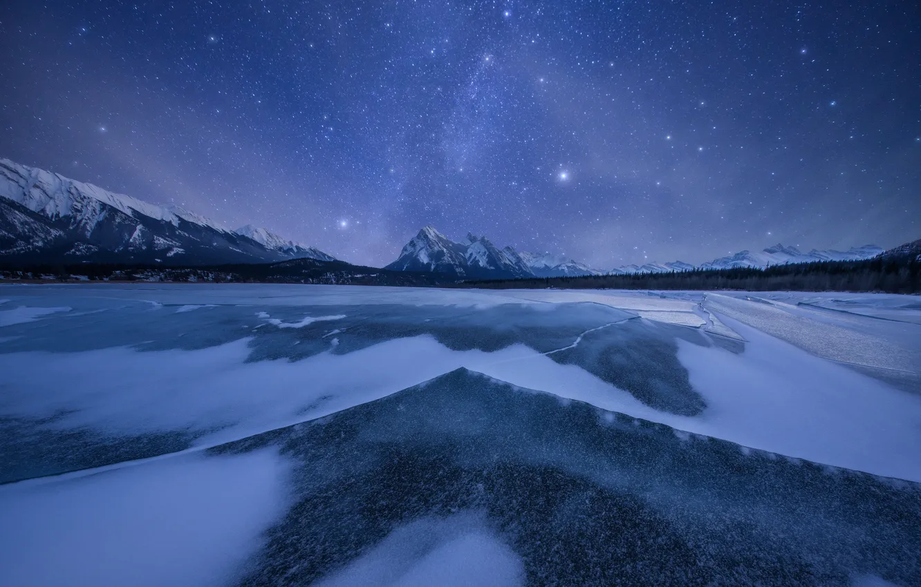 Photo wallpaper winter, the sky, stars, snow, mountains, night, lake, ice
