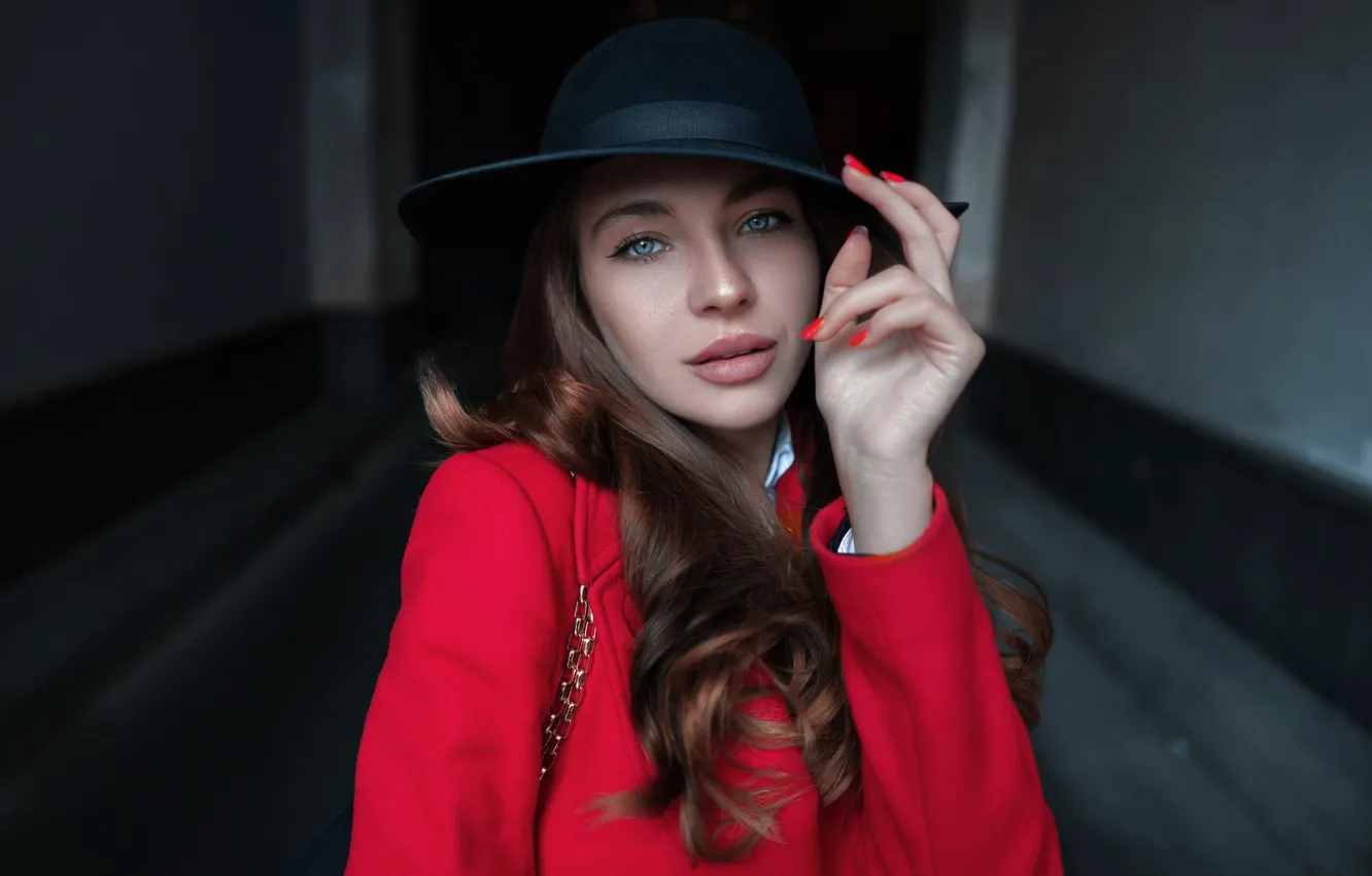 Photo wallpaper girl, Model, hat, photo, blue eyes, lips, coat, portrait
