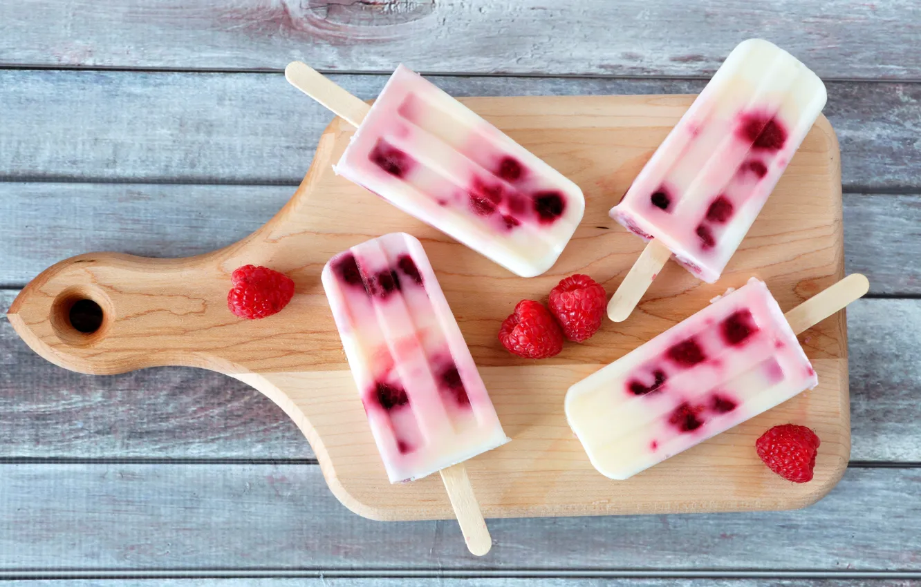 Photo wallpaper raspberry, ice cream, dessert, raspberry, ice cream, vanilla, cutting Board