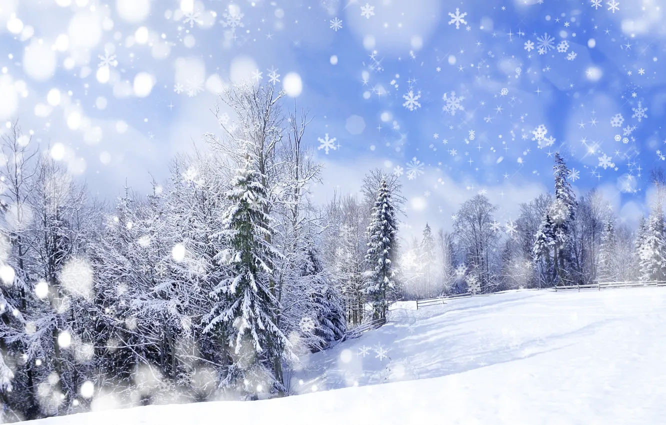 Photo wallpaper winter, snow, trees, landscape, mountains, nature
