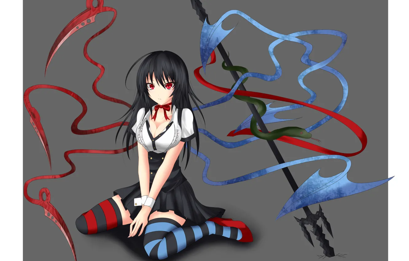 Photo wallpaper Trident, red eyes, demoness, striped stockings, death scythe, Touhou Project, black magic, Project East