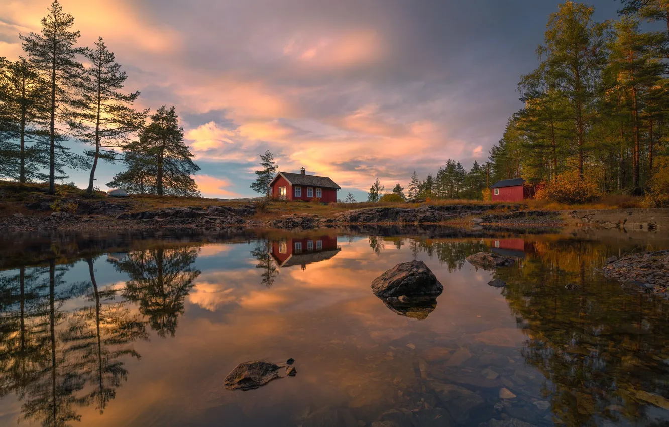 Photo wallpaper trees, sunset, lake, reflection, stones, Norway, houses, Norway