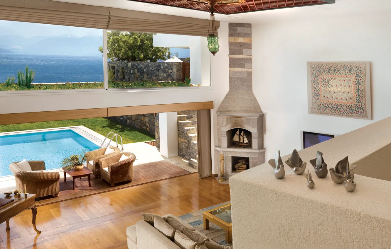 Photo wallpaper design, style, Villa, interior, pool, fireplace, terrace, living room