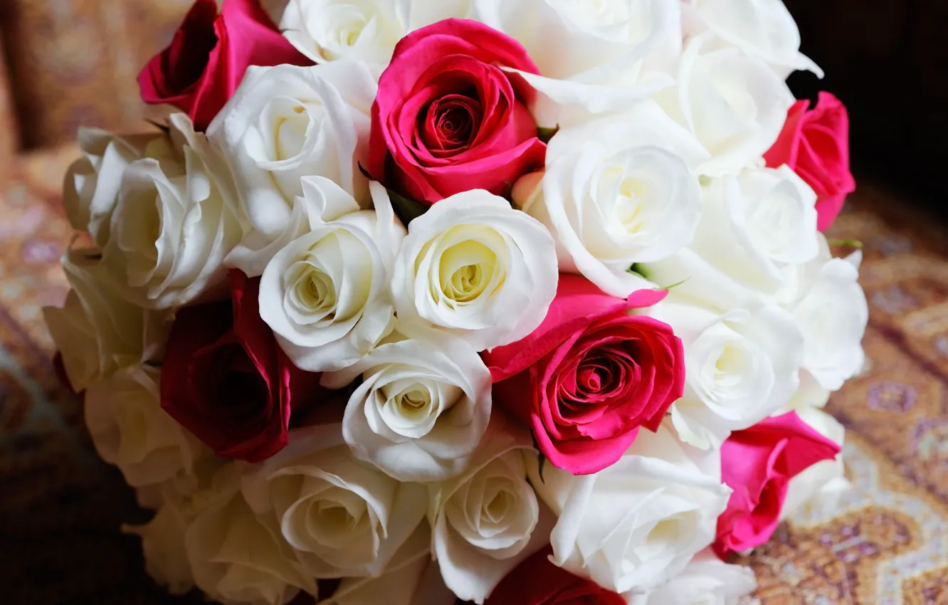Photo wallpaper flowers, roses, bouquet, pink, white