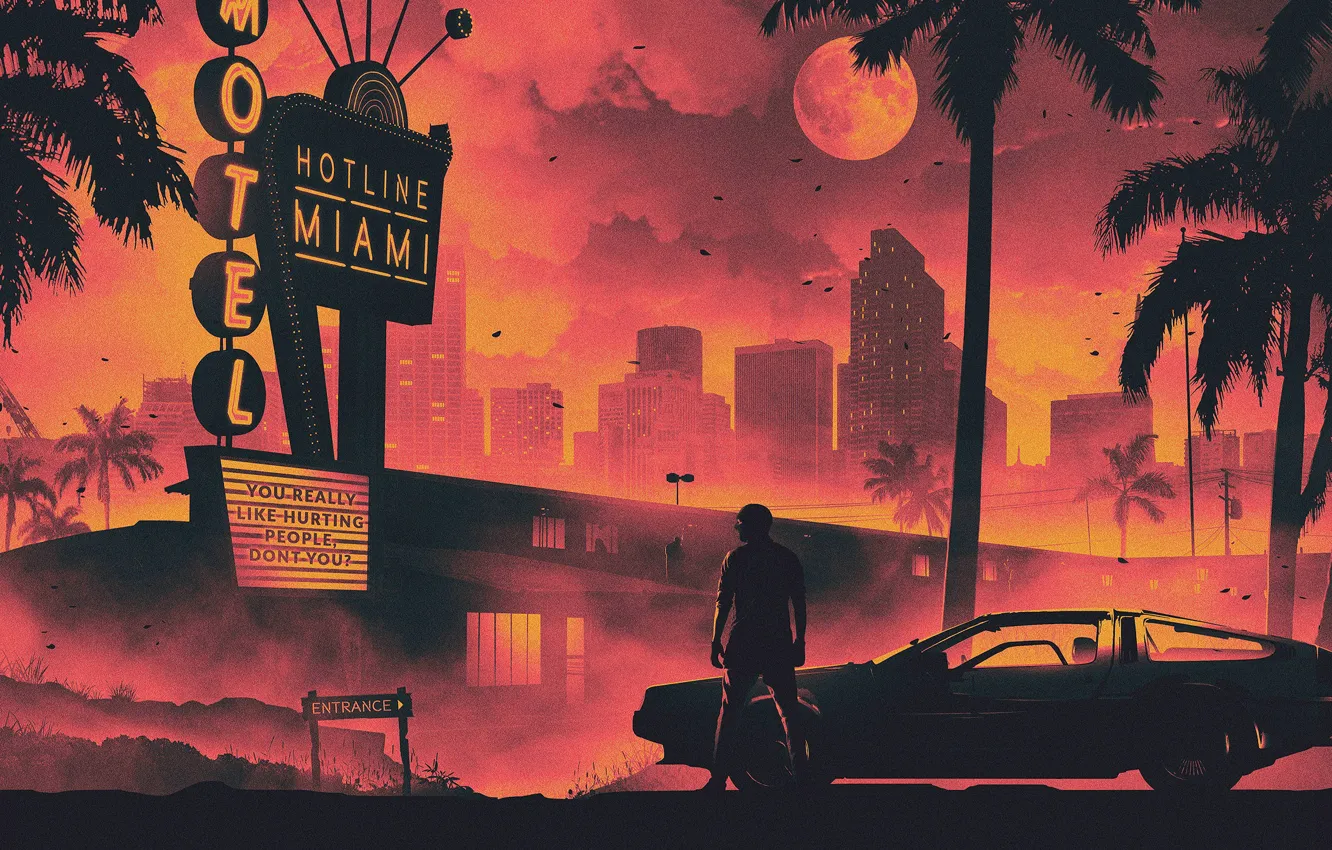 Photo wallpaper machine, the sun, stars, the city, palm trees, background, the moon, lightning