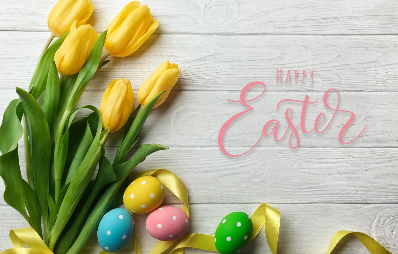Photo wallpaper flowers, yellow, eggs, bouquet, colorful, Easter, tulips, yellow