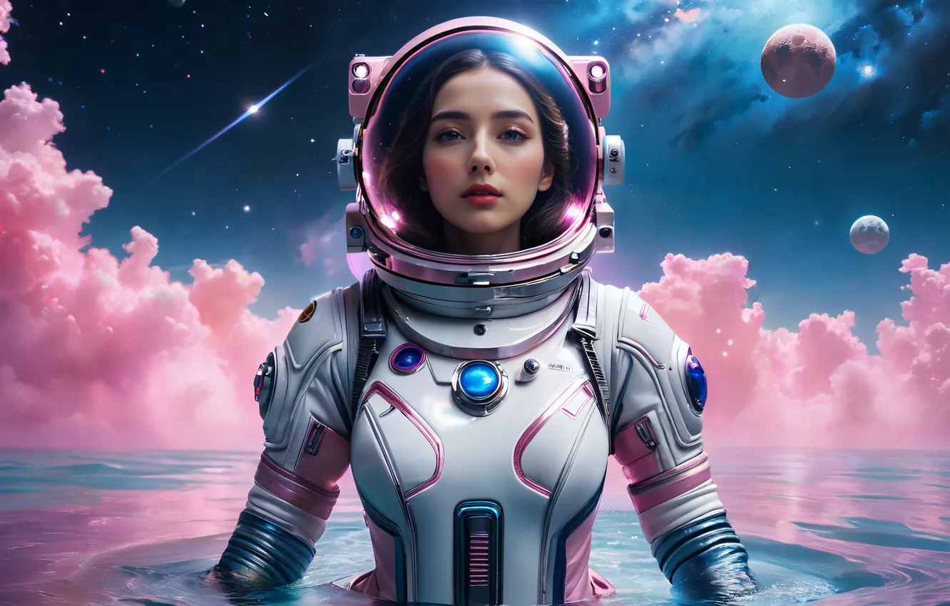 Photo wallpaper space, white, long hair, water, clouds, women, planet, blue background