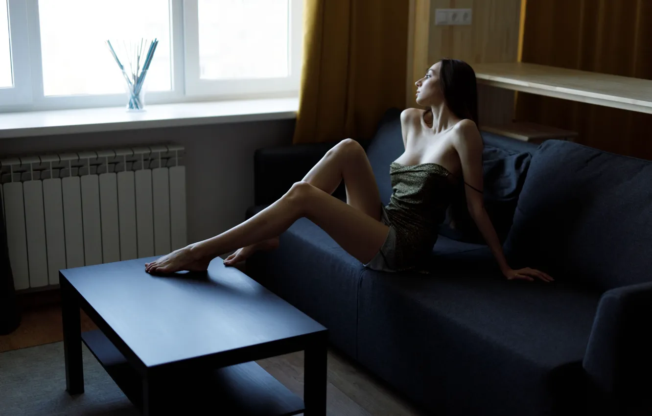 Photo wallpaper model, women, window, brunette, table, couch, green dress, neckline