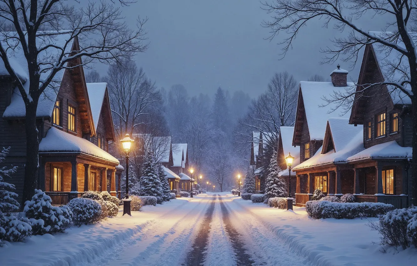 Photo wallpaper winter, snow, decoration, mountains, new year, village, Christmas, house