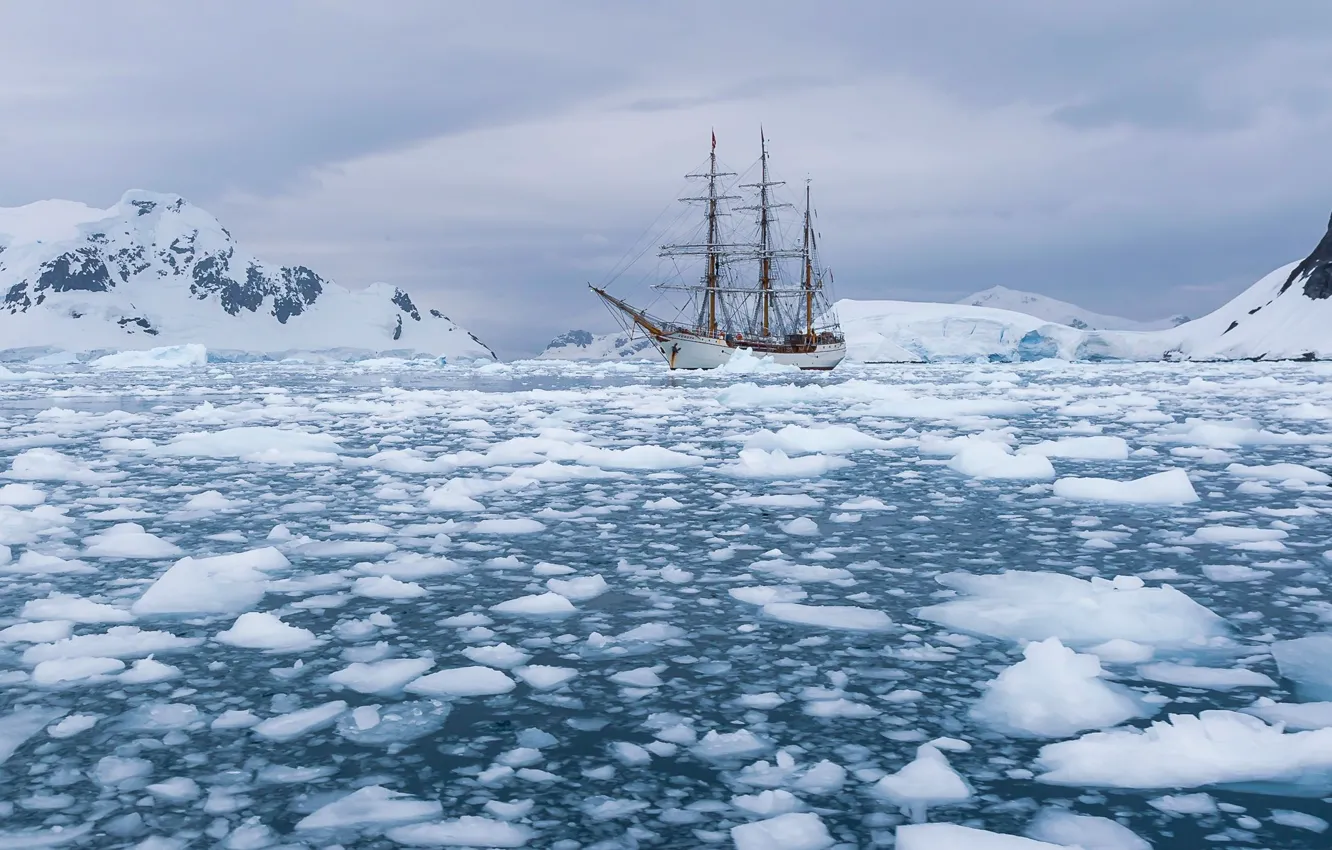 Photo wallpaper sea, mountains, sailboat, ice, Antarctica, Bark Europe