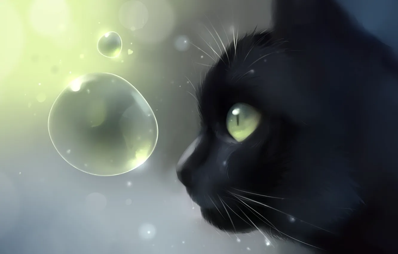 Photo wallpaper cat, cat, bubbles, black, head, art, profile, Apofiss