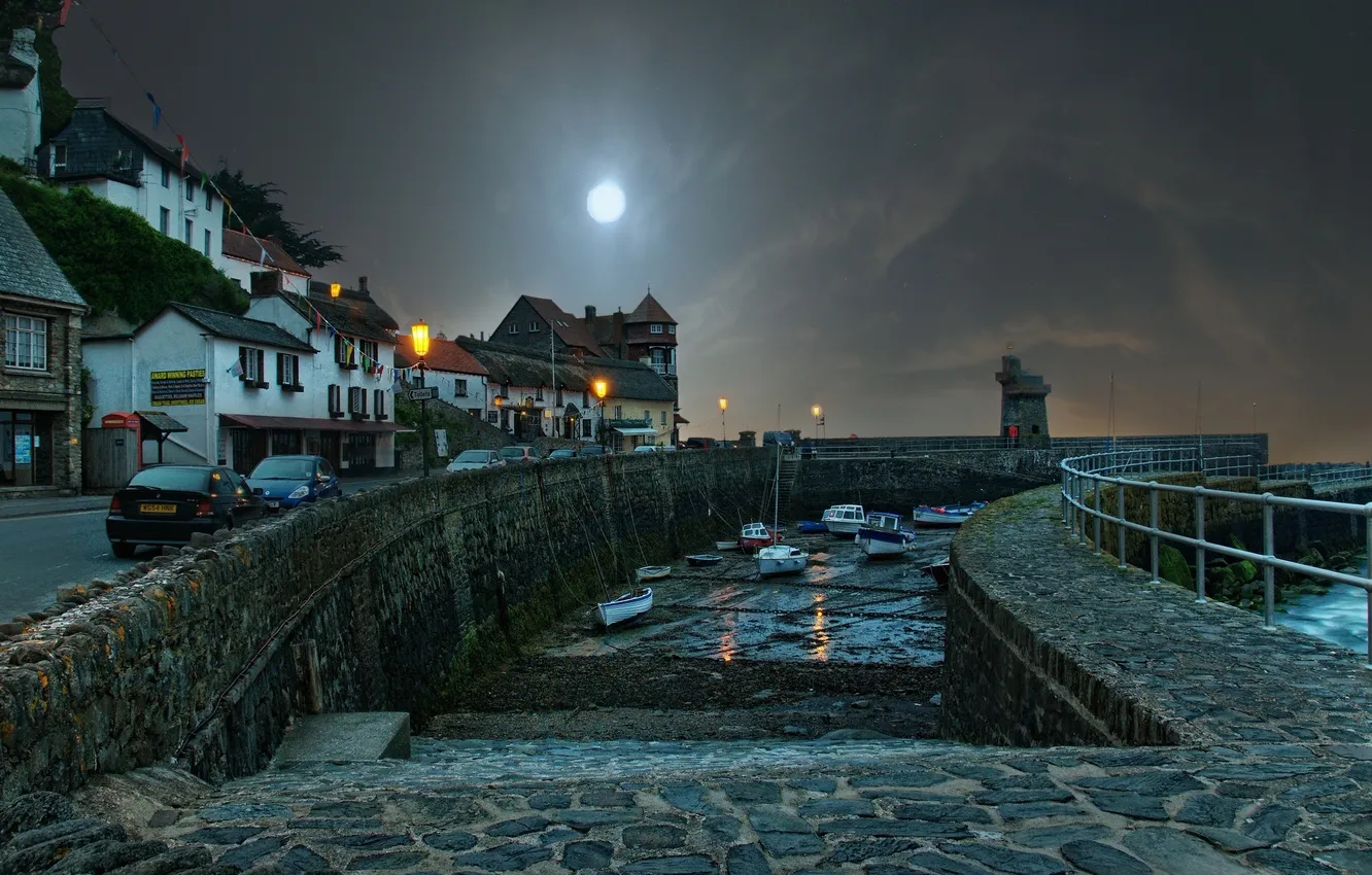 Photo wallpaper road, night, the city, England, home, boats, UK, steps