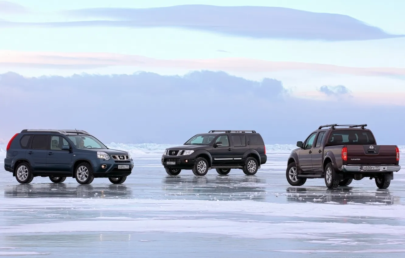 Photo wallpaper ice, the sky, snow, lake, Baikal, jeep, SUV, Nissan