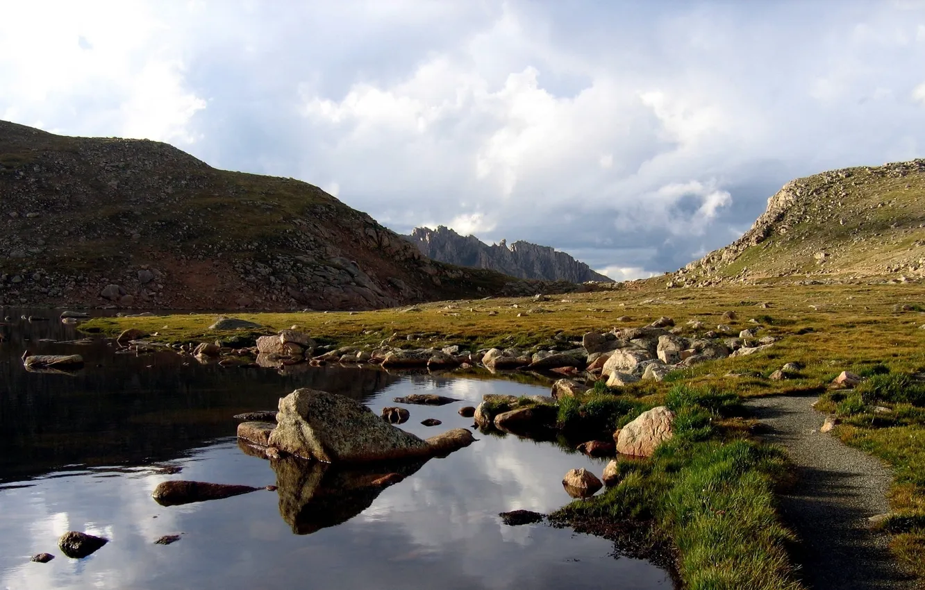 Photo wallpaper grass, water, landscape, nature, stones, photos